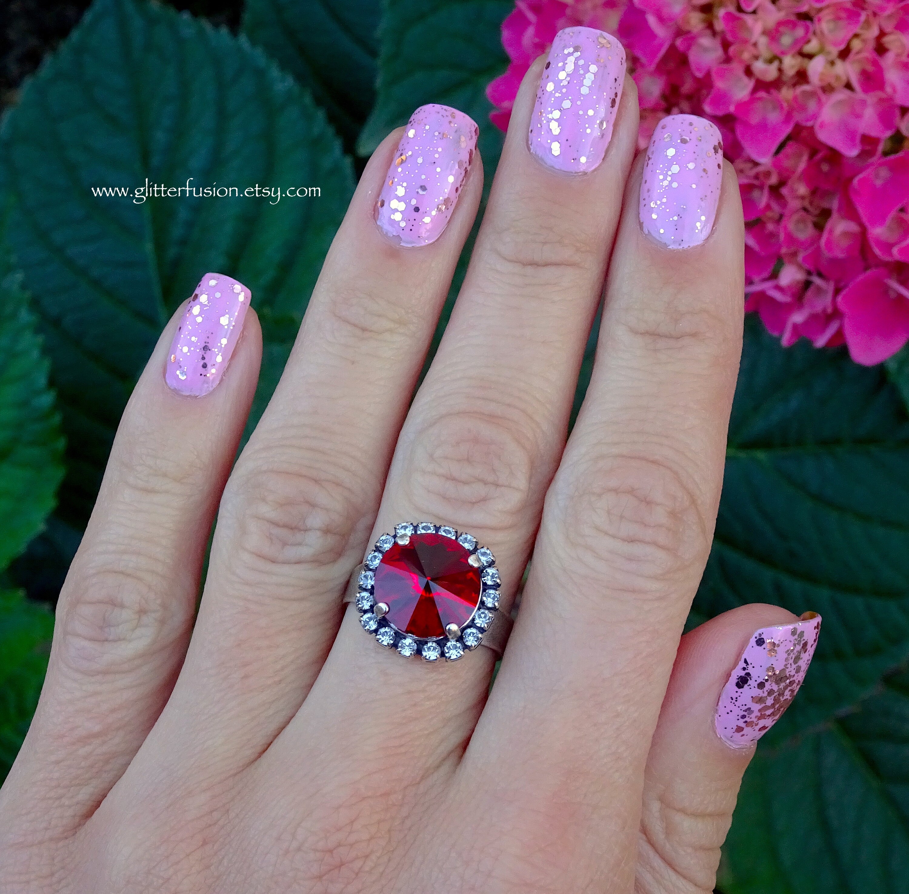 Siam Swarovski Crystal Statement Ring, Ruby Red Crystal Clear Halo ...