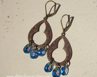 Aqua Shimmer Swarovski Crystal Teardrop Bohemian Chandelier Earrings, March Birthstone Antique Brass Medallion Earrings, Glitter Fusion