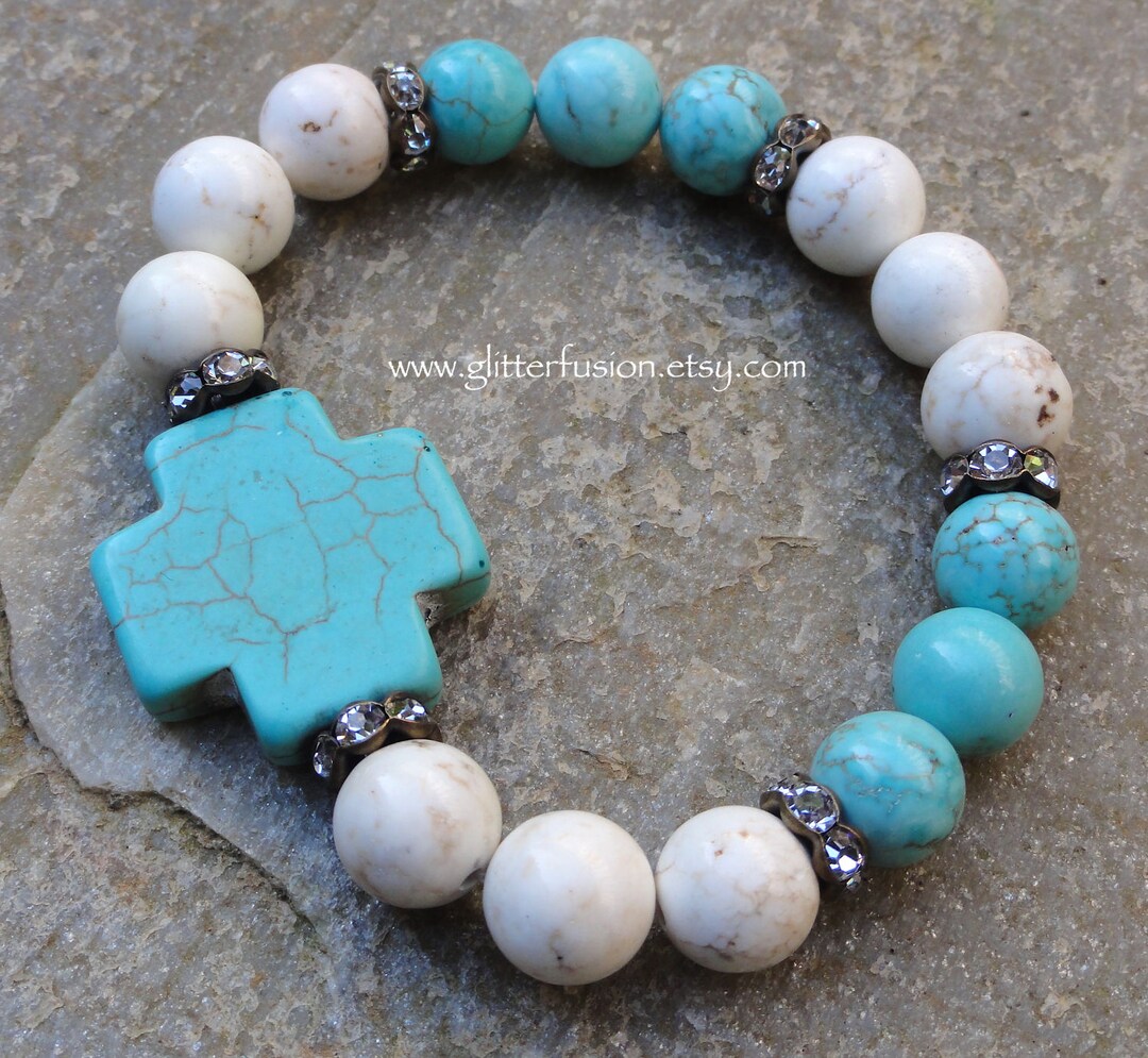 White and Turquoise Howlite Cross Bracelet, Turquoise Elastic Stretch ...
