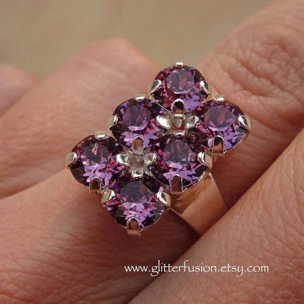 Iris Swarovski Crystal Multi Stone Statement Ring, Purple Crystal Elegant Autumn High Fashion Jewelry, Gift For Her, Glitter Fusion Designs