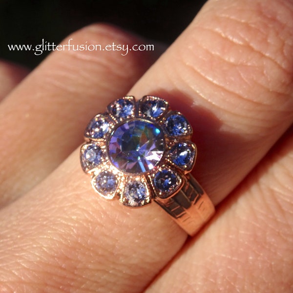 Vitrail Light Czech Crystal & Provence Lavender Swarovski Crystal Rose Gold Flower Ring, Purple Crystal Spring Daisy Ring, Glitter Fusion