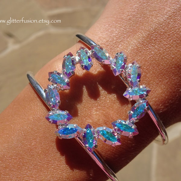 Aurora Borealis Swarovski Crystal Silver Cuff Bracelet, AB Iridescent Crystal High Fashion Statement Bracelet, GlitterFusion Pageant Jewelry