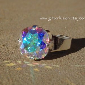 Aurora Borealis Swarovski Crystal Statement Ring,Rainbow Iridescent Holo Shimmer 12mm Cushion Cut Crystal Ring, Glitter Fusion AB Jewelry