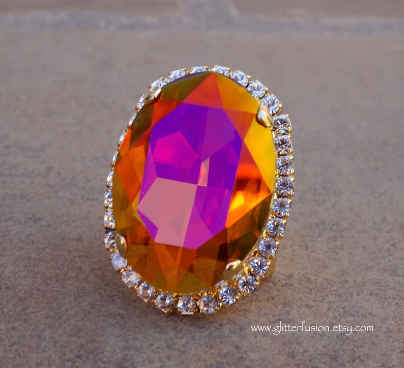 Pageant Rings Astral Pink Czech Crystal Oval Statement Ring, Big Pink Orange Autumn ...