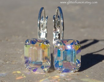 Aurora Borealis Swarovski Crystal Statement Earrings, Iridescent AB Crystal Modern Bridesmaid Earrings, Glitter Fusion Jewelry