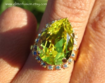 Chartreuse Swarovski Pear Crystal Aurora Borealis Halo Statement Ring, Yellow-Green Lemon Lime Crystal AB Iridescent Gold Ring GlitterFusion