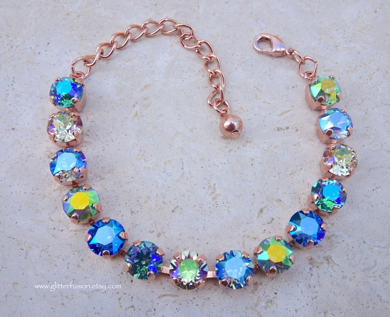 Mermaid Swarovski & Czech Crystal Rose Gold Statement Bracelet, Blue Crystal Bridesmaid Tennis Bracelet, Gift For Her, GlitterFusion Jewelry image 2