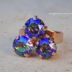 Paradise Shine Swarovski Crystal Statement Ring, Iridescent Purple Green Multi Stone Crystal Rose Gold Ring, Gift For Her, Glitter Fusion