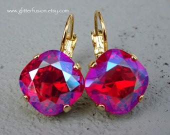 Light Siam Shimmer Swarovski Crystal Statement Earrings, Ruby Red Cushion Cut Crystal Pageant Dangle Earrings, Bridesmaid Crystal Earrings