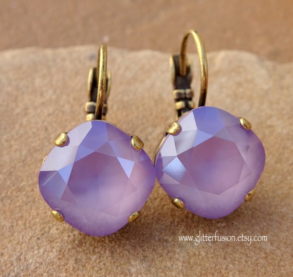 Lilac Swarovski Crystal Lever Back Statement Earrings Cushion Cut