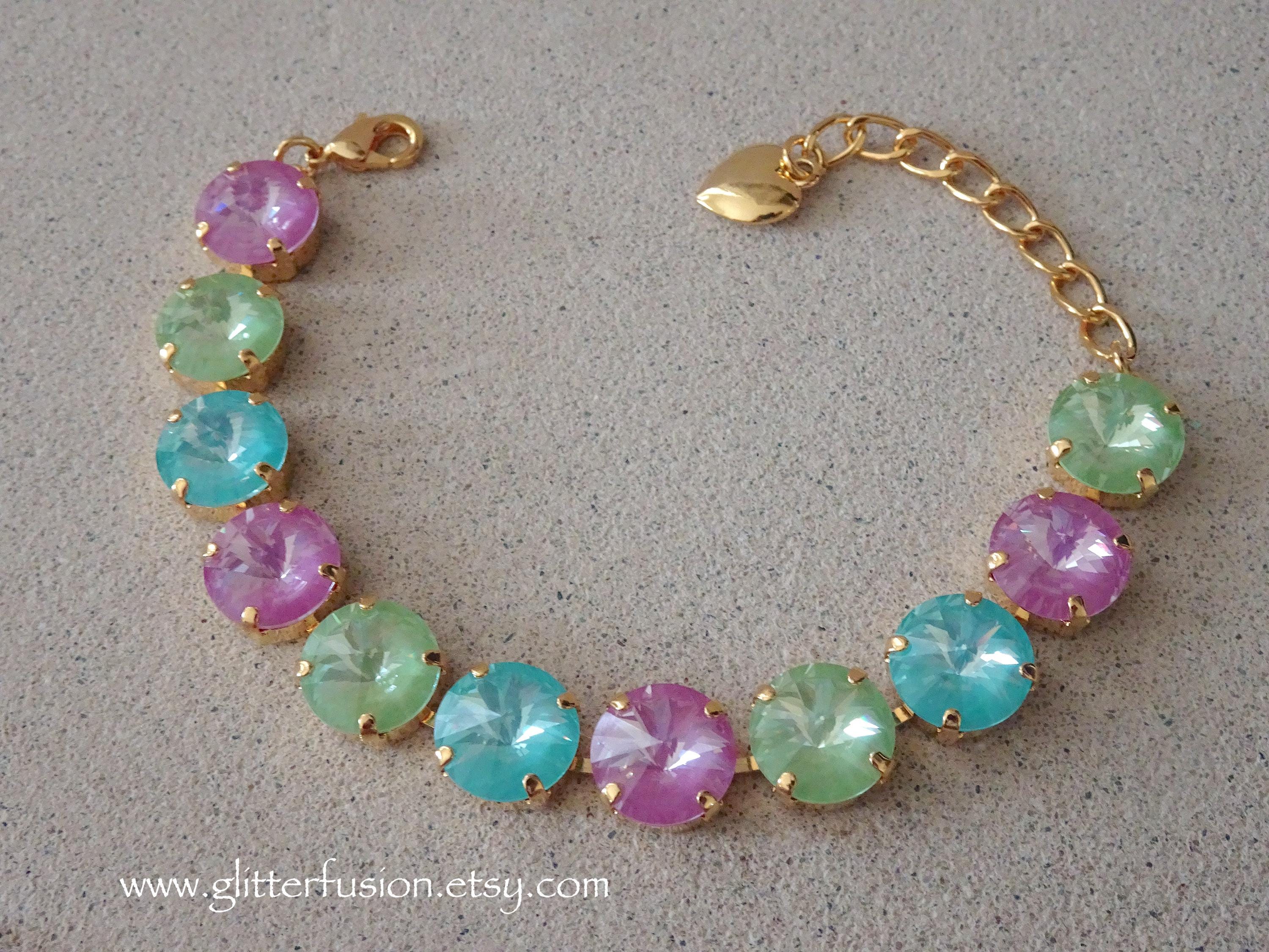 NEW COLORS! Paradise Green Blue & Purple Swarovski Crystal Gold Statement Bracelet, Colorful Spring Bridesmaid Bracelet, Glitter Fusion