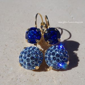 Light Sapphire Swarovski Pavé Cabochon & Sapphire Crystal Statement Earrings, Blue Crystal Gold Spring Bridesmaid Earrings, Glitter Fusion