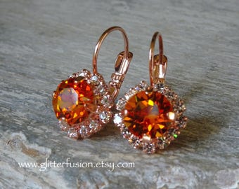 NEW COLOR! Dark Orange Swarovski Crystal Clear Halo Rose Gold Dangle Earrings, Small Tangerine Halloween Bridesmaid Earrings, Glitter Fusion