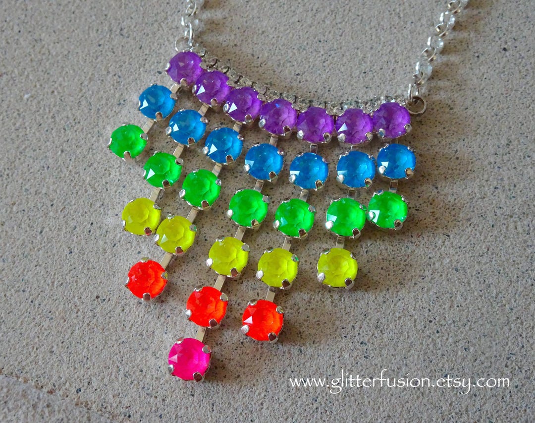 NEW! Neon Rainbow Swarovski Crystal Fringe Tassel Bib Silver
