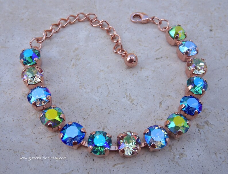 Mermaid Swarovski & Czech Crystal Rose Gold Statement Bracelet, Blue Crystal Bridesmaid Tennis Bracelet, Gift For Her, GlitterFusion Jewelry image 4