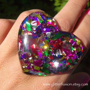 Big Colorful Confetti Multicolored Resin Heart Statement Ring, Unique Rainbow Oversized Resin Heart Party Favor Gift, Glitter Fusion Jewelry