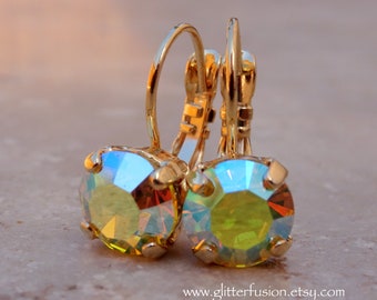 Citrine AB Czech Crystal Earrings, Iridescent Yellow Crystal Dangle Earrings, Bridesmaid Jewelry, Anniversary Gift For Her, Glitter Fusion