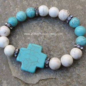 White and Turquoise Howlite Cross Bracelet, Turquoise Elastic Stretch ...