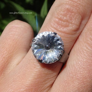 Crystal Clear Swarovski Rivoli Crystal Black Band Statement Ring, Chic Modern Clear 14mm Crystal Ring, Glitter Fusion Jewelry, Holiday Ring