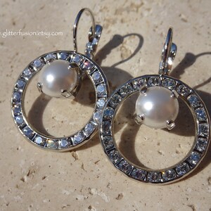 White Swarovski Pearl Circle of Hope Statement Earrings, Pearl & Crystal Silver Hoop Bridesmaid Prom Pageant Dangle Earrings, Glitter Fusion