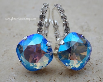 Light Sapphire Shimmer Swarovski Crystal Statement Earrings, Iridescent Light Pale Powdery Blue Crystal Bridesmaid Earrings, Glitter Fusion