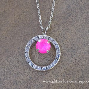 Neon Pink Swarovski Crystal Circle of Hope Silver Statement Necklace, Hot Pink & Crystal Clear Prom Bridesmaid Necklace, Glitter Fusion