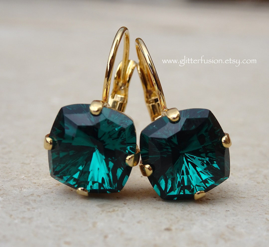 Emerald Mystic Square Swarovski Crystal Statement Earrings, Deep Green ...