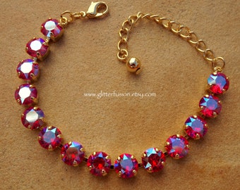 Light Siam Shimmer Swarovski Crystal Statement Bracelet, Ruby Red Crystal Tennis Bracelet, Bridesmaid Bracelet, Chic Prom Pageant Bracelet