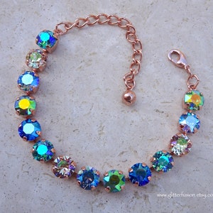 Mermaid Swarovski & Czech Crystal Rose Gold Statement Bracelet, Blue Crystal Bridesmaid Tennis Bracelet, Gift For Her, GlitterFusion Jewelry image 7