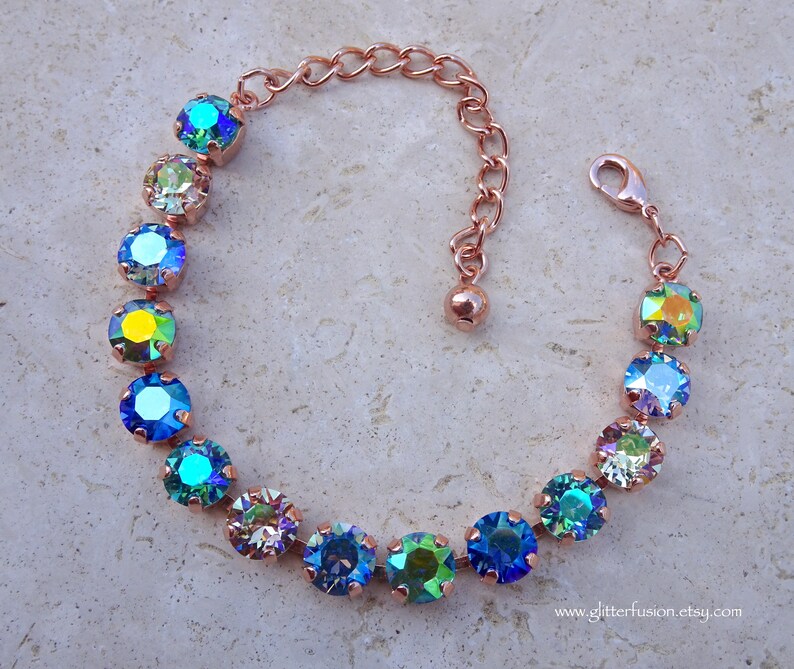 Mermaid Swarovski & Czech Crystal Rose Gold Statement Bracelet, Blue Crystal Bridesmaid Tennis Bracelet, Gift For Her, GlitterFusion Jewelry image 7