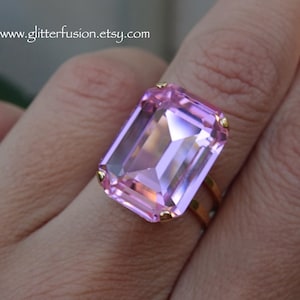 Light Rose Czech Crystal Gold Statement Ring, Light Pink Demure Cinderella Octagon Ring, Elegant Valentine&#39;s Day Gift For Her GlitterFusion