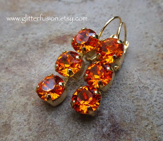 NEW COLOR! Dark Orange Swarovski Crystal Gold Dangle Earrings