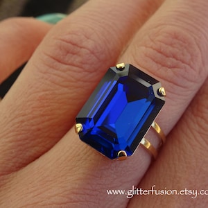 NEW COLOR! Dark Sapphire Swarovski Crystal Gold Statement Ring, September Birthstone Blue Crystal Octagon Ring, Gift For Her, Glitter Fusion