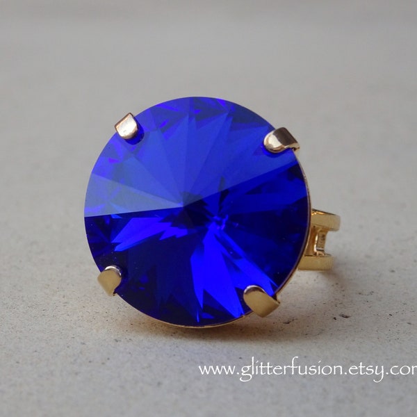 RESERVED ITEM, Majestic Blue Swarovski Crystal Statement Ring, Big Deep Bright Blue Crystal Gold High Fashion Pageant Ring, Gift For Her