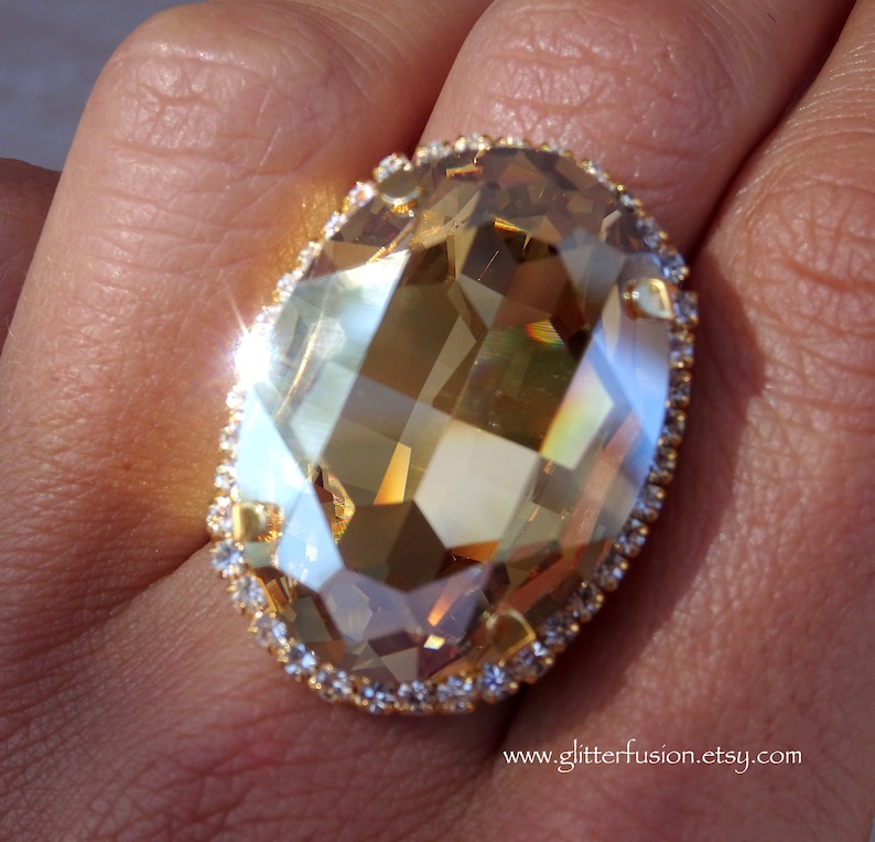Pageant Rings Huge Golden Shadow Swarovski Oval Crystal Statement Ring,glam Crystal ...