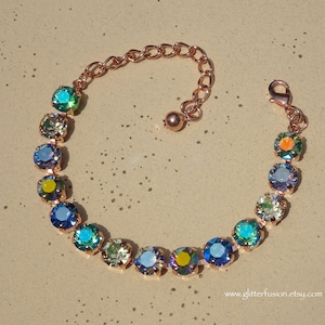 Mermaid Swarovski & Czech Crystal Rose Gold Statement Bracelet, Blue Crystal Bridesmaid Tennis Bracelet, Gift For Her, GlitterFusion Jewelry image 6