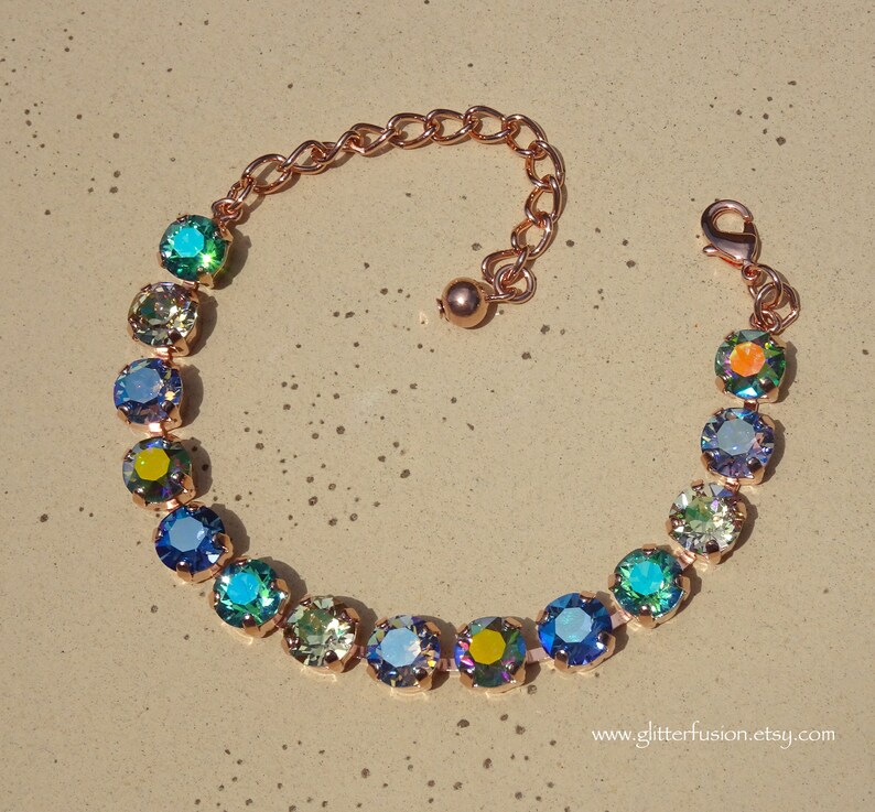 Mermaid Swarovski & Czech Crystal Rose Gold Statement Bracelet, Blue Crystal Bridesmaid Tennis Bracelet, Gift For Her, GlitterFusion Jewelry image 6