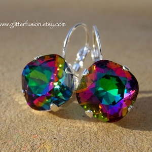 Electra Swarovski Crystal Statement Earrings, Big Colorful 12mm Cushion Cut Rainbow Crystal Bridesmaid Dangle Earrings GlitterFusion Jewelry