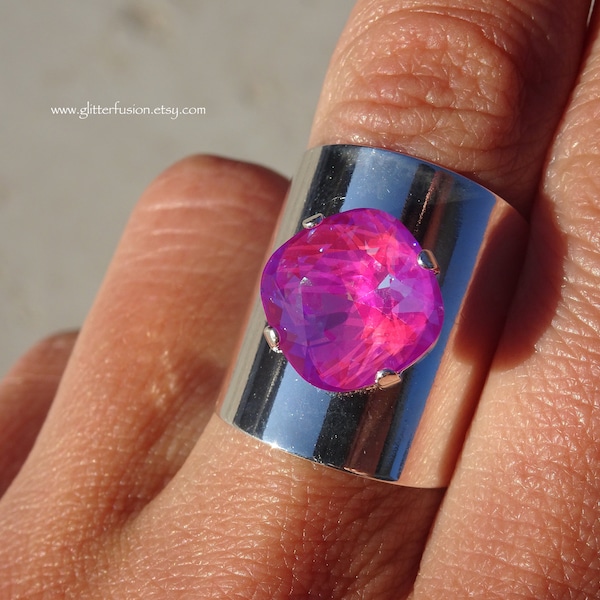 Ultra Jasmine Swarovski Crystal Silver Wide Band Statement Ring, Bright Purple Crystal Boho Chic Ring, Glitter Fusion Bohemian Jewelry