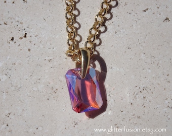 Light Rose Shimmer Swarovski Crystal Statement Necklace, Clear Light Pink Iridescent Crystal Gold Rolo Chain Spring Necklace, Glitter Fusion