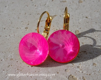 NEW COLOR! Neon Pink Swarovski Crystal Statement Earrings, Hot Neon Pink Barbie Gold Bridesmaid Earrings, Valentine&#39;s Day Gift GlitterFusion