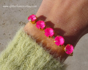 NEW COLOR! Neon Pink Swarovski Crystal Statement Bracelet, Bright Hot Pink Crystal Gold Valentine's Day Bracelet Gift For Her, GlitterFusion