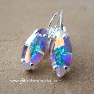 Aurora Borealis Swarovski Navette Crystal Statement Earrings, AB Iridescent Holographic Crystal Earrings, Bridesmaid Jewelry, Glitter Fusion