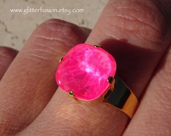 NEW COLOR Neon Pink Swarovski Crystal Statement Ring, Neon Hot Pink Barbie Crystal Gold 12mm Cushion Cut Crystal Square Ring, Glitter Fusion