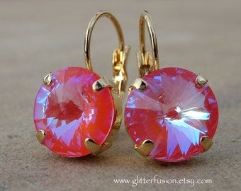 Orange Glow DeLite Swarovski Crystal Statement Earrings, 12mm Rivoli Crystal Bridesmaid Dangle Earrings, Halloween Earrings, GlitterFusion