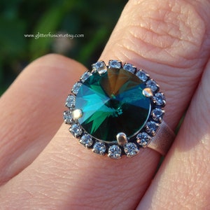 Smaragd Swarovski Kristall Statement Ring, DunkelgrünEr Kristall Klar Halo Antik Silber Ring, Eleganter Urlaubsring Geschenk für Sie