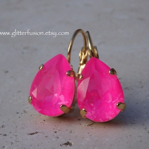 NEW COLOR Neon Pink Swarovski Crystal Pear Gold Statement  Hot Pink + Gold Crystal Pear Drop Earrings main image 0