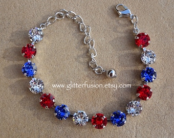 Red White & Blue Swarovski Crystal Bracelet,Colorful Fourth of July Tennis Bracelet,Olympics 2024Glitter Fusion Gift For Her Holiday Jewelry