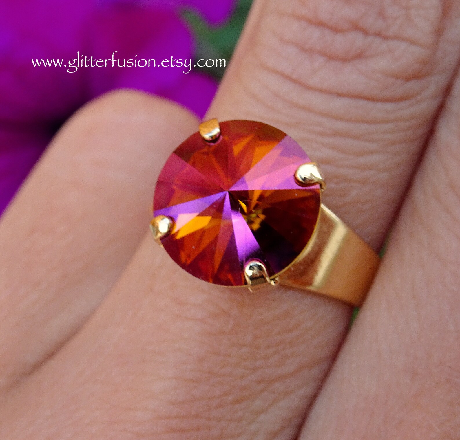 Mahogany Swarovski Crystal Statement Ring, 12mm Burnt Orange Magenta ...