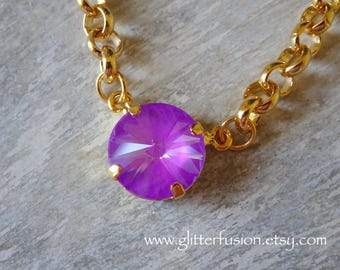 Neon Violet Swarovski Crystal Gold Rolo Chain Statement Necklace, Bright Purple Crystal Colorful Summer Bridesmaid Necklace, Glitter Fusion